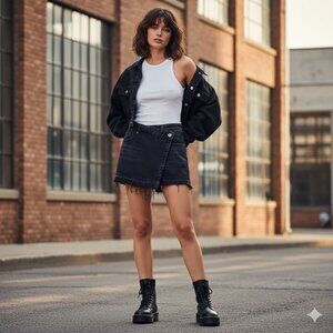 Black Denim Crossover Skort | Asymmetrical Raw Hem Grunge 100% Cotton Size 25